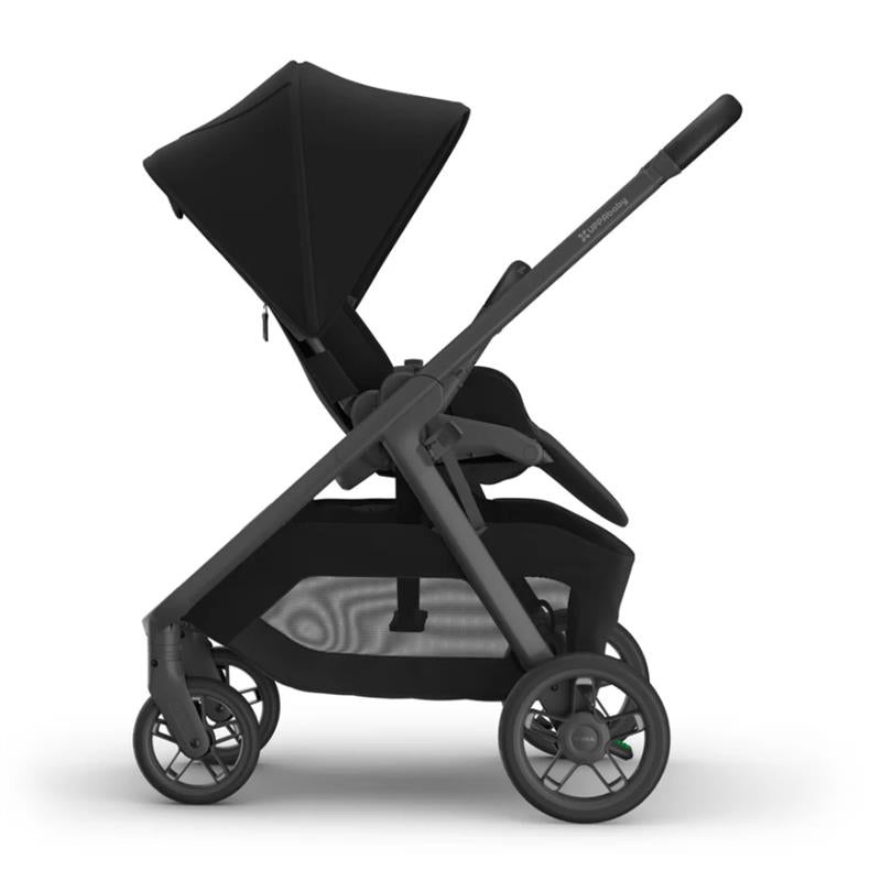 Uppababy Kona Stroller in James Black, showcasing a sleek design with a large canopy and mesh storage beneath.
