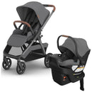 Uppababy Kona Stroller with a sleek grey design and Aria V2 infant car seat in matching graphite color, showcasing their modern features.
