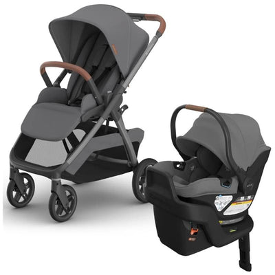 Uppababy Kona Stroller with a sleek grey design and Aria V2 infant car seat in matching graphite color, showcasing their modern features.