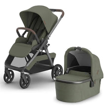 Uppababy Kona Stroller in Meadow Green with brown leather handle and detachable matching bassinet.