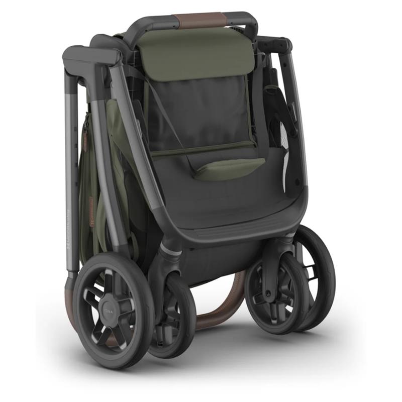 Uppababy Kona Stroller and Bassinet V3 Bundle in Meadow Green, featuring a sleek design with a foldable frame and large wheels.