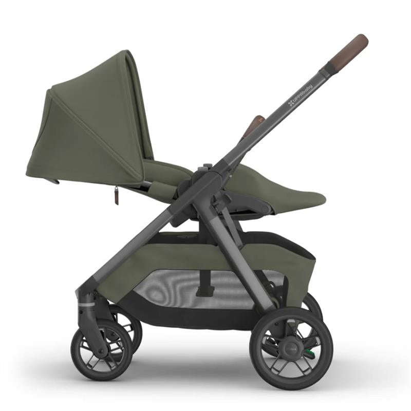 Uppababy Kona Stroller & Bassinet V3 Bundle in Meadow Green, featuring a sleek design with a protective canopy and spacious under-storage.