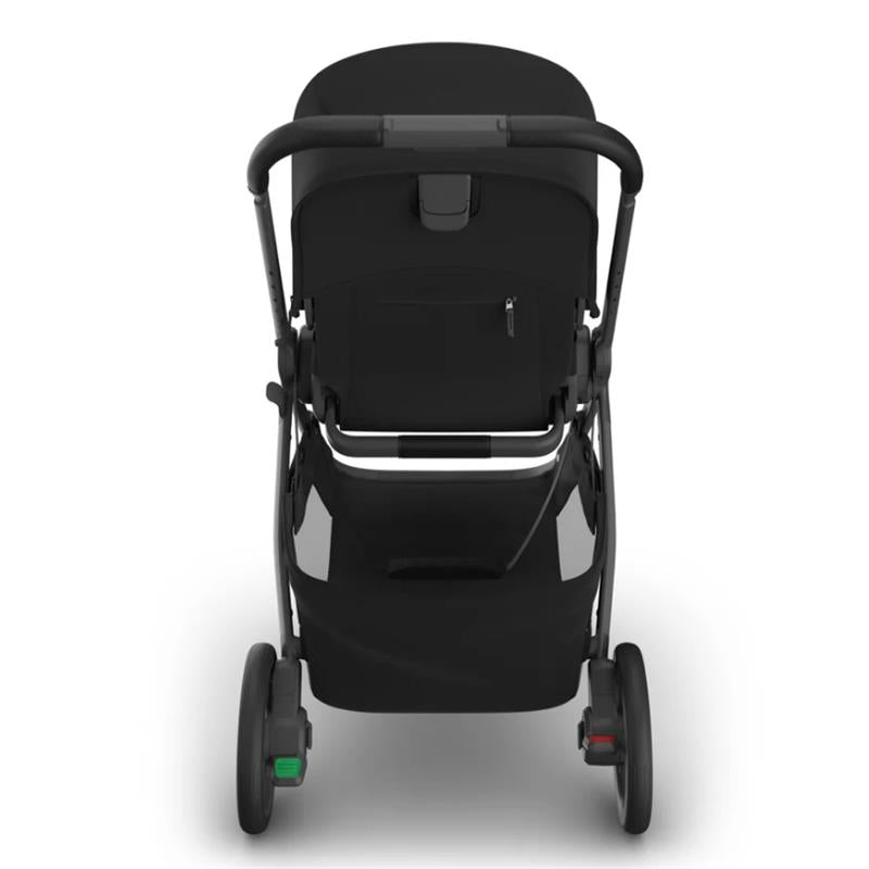 Uppababy Kona Stroller in black featuring a sleek design, rear view with large wheels and under-storage area.
