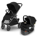 Uppababy Kona stroller and Mesa V3 infant car seat in black, featuring a sleek design and adjustable components.