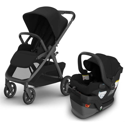 Uppababy Kona stroller and Mesa V3 infant car seat in black, featuring a sleek design and adjustable components.