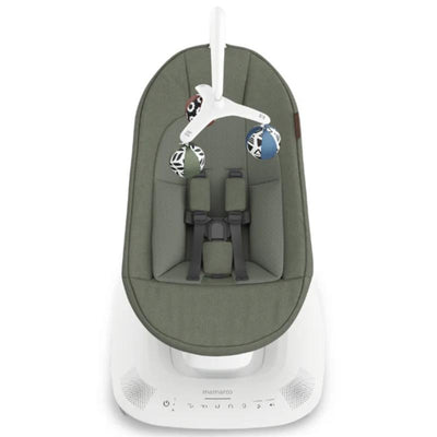 Uppababy Mamaroo Smart Swing in Camila (Dark Green Mélange) with a soft seat, safety harness, and hanging toys.