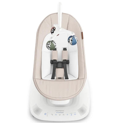 Uppababy Mamaroo Smart Swing in Charlie (Sand Melange) with a soft seat and colorful toys above for infant comfort.