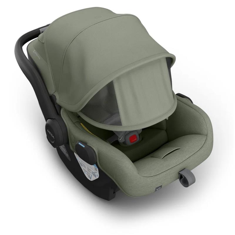 Uppababy Mesa V3 Infant Car Seat in Meadow Green, featuring a protective canopy and comfortable seating.