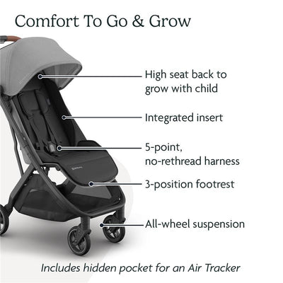 Uppababy Minu V3 Compact Stroller in Greyson, featuring high seat back, integrated insert, 5-point harness, and all-wheel suspension.