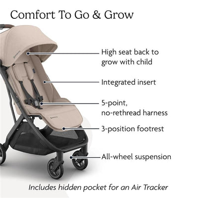 Uppababy Minu V3 stroller in Sandstone Melange with Chestnut Leather features a high seat back, integrated insert, 5-point harness, and all-wheel suspension.