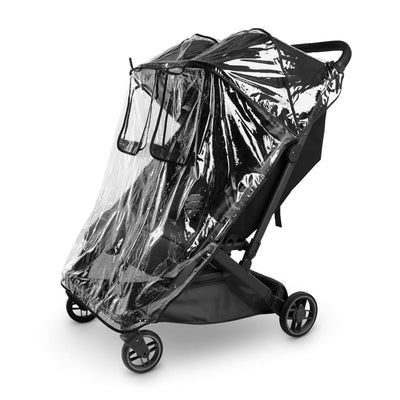 Clear rain shield for Uppababy Minu Duo stroller, offering waterproof protection with transparent panels and easy access openings.