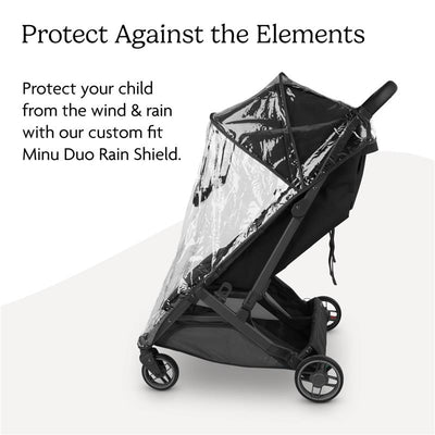 Uppababy Rain Shield for Minu V3 protects children from wind and rain, featuring a clear cover and black stroller frame.