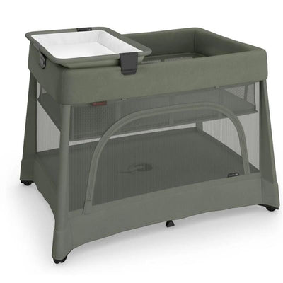UPPAbaby Remi V2 Playard in Maddie Green Soft Knit, featuring a removable changing table and mesh sides for visibility.
