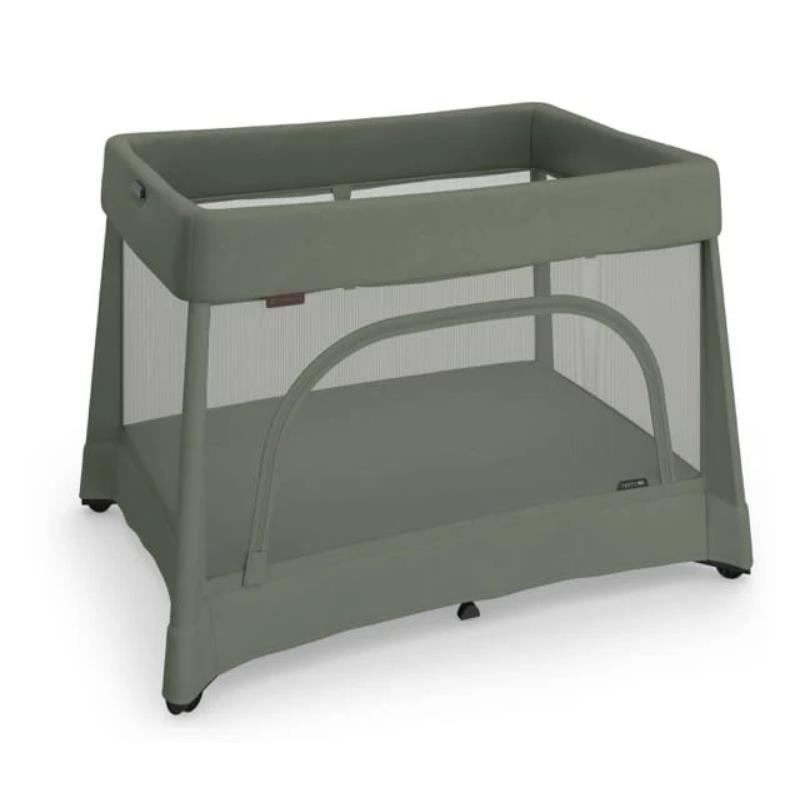 UPPAbaby Remi V2 Playard in Maddie Green Soft Knit, featuring a breathable mesh design and sturdy frame for infants.