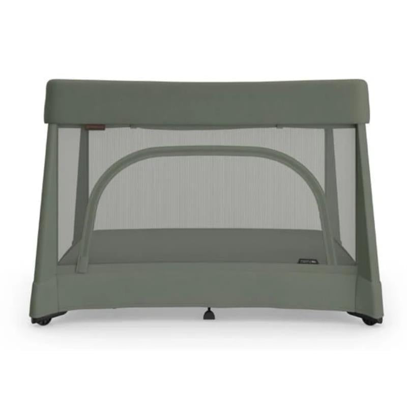 UPPAbaby Remi V2 Playard in Maddie Green Soft Knit, featuring a mesh design and a sturdy frame for baby safety.