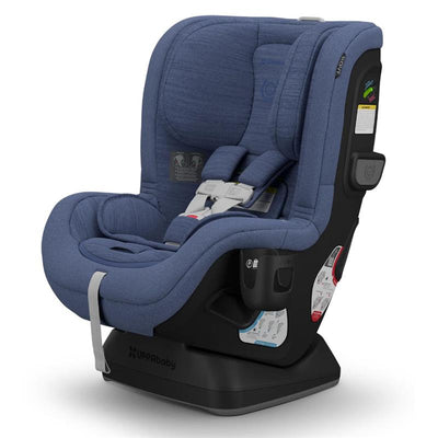 UPPAbaby Rove Convertible Car Seat in Cody color, featuring plush cushioning, safety harness, and side impact protection labels.
