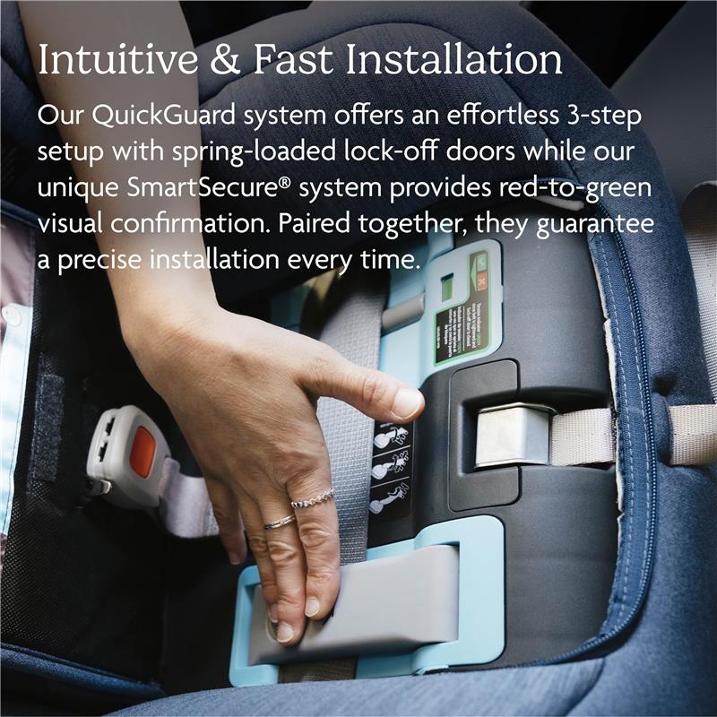 Hand adjusting the harness of the UPPAbaby Rove Convertible Car Seat in Cody color, showcasing installation features and safety systems.
