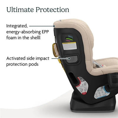Uppababy Rove Convertible Car Seat in Almond Mélange, featuring integrated EPP foam and side impact protection pods.
