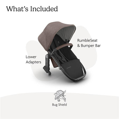 Uppababy Rumbleseat V3 in Owen color, includes lower adapters, bumper bar, and bug shield, displayed with included components.