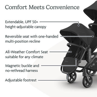 Uppababy Rumbleseat V3 in Jake, featuring adjustable canopy, reversible seat, all-weather comfort, and magnetic buckle.