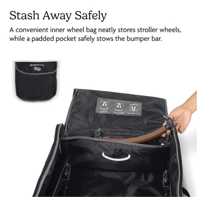 UPPAbaby Travel Bag for Vista and Cruz Strollers, showcasing inner storage for wheels and a pocket for the bumper bar.