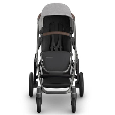 UPPAbaby Vista V3 Single-to-Double Stroller in Beau, featuring a grey fabric canopy, graphite frame, and chestnut leather handle.