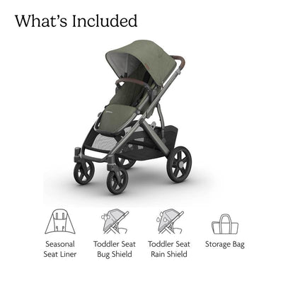 Uppababy Vista V3 Stroller in Meadow Green with graphite frame and chestnut leather, featuring listed accessories below.