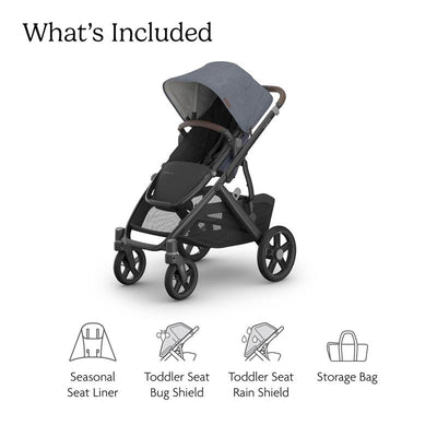 Uppababy Vista V3 stroller in Dusty Blue Mélange with a carbon frame and chestnut leather details, includes accessories.