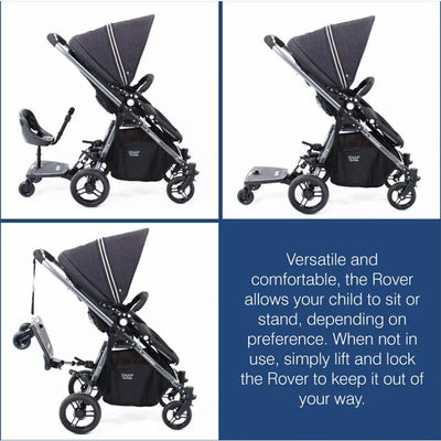 Universal stroller attachment for children, featuring a standing platform and secure seat for versatile use.