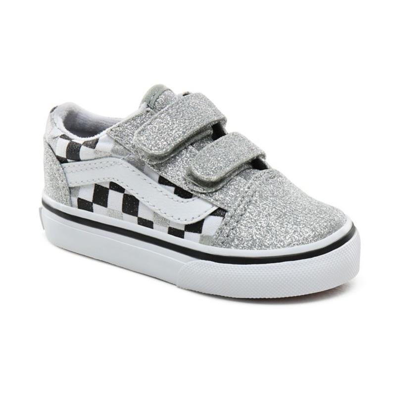 Vans - Toddler Old Skool V Glitter Checkerboard, Silver/White Image 1