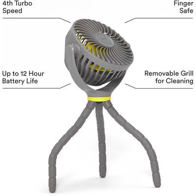 Portable baby stroller fan with flexible legs, 4 turbo speeds, up to 12-hour battery life, and removable grill for cleaning.