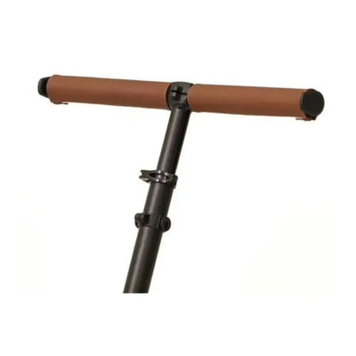 Napa leather grips in brown on a black metal scooter handlebar for improved comfort and style.