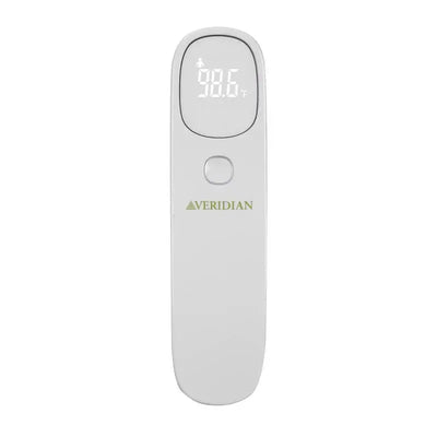 Non-contact infrared thermometer displaying a temperature reading of 98.6°F, with Veridian branding.