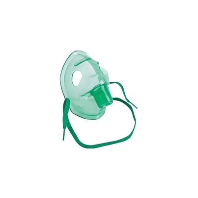 Child-sized green nebulizer mask with straps, designed for use in respiratory treatments.