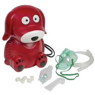 Red dog-shaped nebulizer system with a green mask, tubing, and accessories for pediatric use.