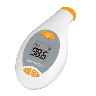 Veridian Temple Touch Premium Thermometer displaying a digital readout of 98.6°F and control buttons.