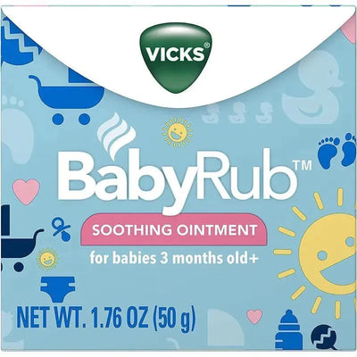 Vicks BabyRub Soothing Ointment packaging, featuring a blue background with playful baby-themed graphics, labeled for babies 3 months and older.