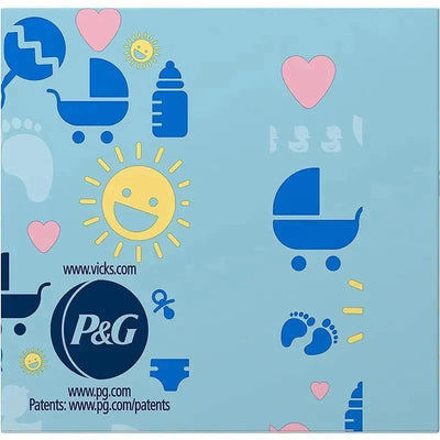 Vicks Babyrub Soothing Ointment packaging features colorful baby-themed graphics, including a sun, stroller, and baby feet.