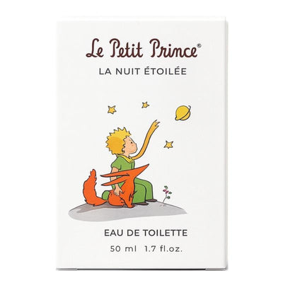Vulli Le Petit Prince La Nuit Etoilee 50 ml scented natural spray featuring an illustration of a boy with a fox looking at stars.