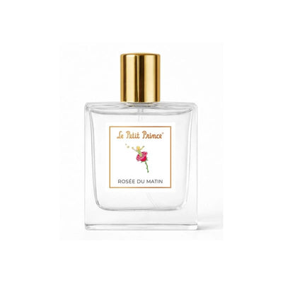 Vulli Le Petit Prince Rosée Du Matin 50 ml fragrance spray with a transparent glass bottle and gold cap, featuring floral artwork.