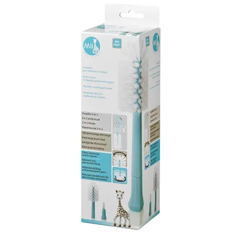 Vulli Mii Sophie La Girafe 2 Brushes In 1 Cleaning Brush packaging, featuring a bottle brush and details on use and care.