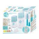 Vulli Mii Sophie La Girafe Birth Set featuring four BPA-free feeding bottles, a bottle brush, and a teething toy.