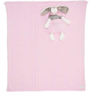 Knitted baby blanket set in pink featuring a soft stuffed bunny doll tucked into the blanket.