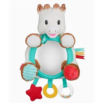 Multi-support activity mirror featuring Sophie La Girafe, with colorful textures, rings, and a reflective surface for infants.