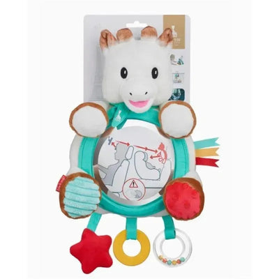Vulli Multi-Supports Activities Mirror featuring Sophie La Girafe, a plush mirror with colorful fabric details and sensory objects.