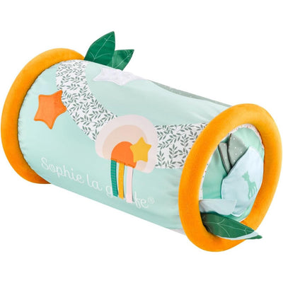 Colorful plush roll toy featuring Sophie la girafe design, with vibrantly patterned elements and soft textures for infants.