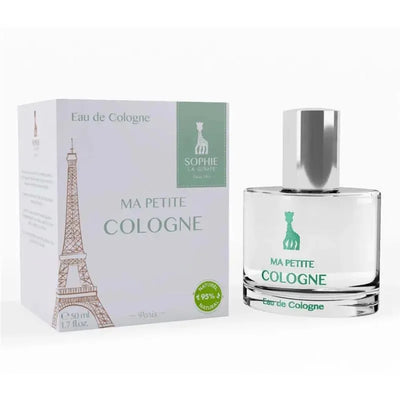 Vulli Sophie La Girafe Ma Petite Cologne 50ml bottle beside its box, featuring a Parisian design with the Eiffel Tower.