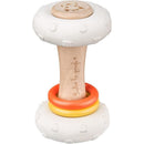 Vulli Sophie La Girafe So Pure Totem Rattle with a wooden handle and colorful rings in red, yellow, and orange.