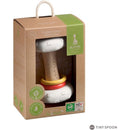 Vulli Sophie La Girafe So Pure Totem Rattle in an eco-friendly packaging, featuring a wooden handle and colorful rings.