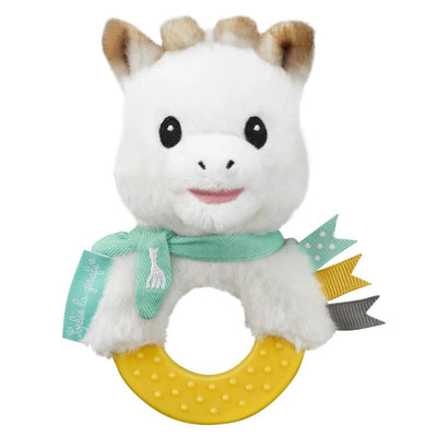 Plush rattle featuring Sophie the Giraffe with a yellow teething ring and colorful fabric tags.